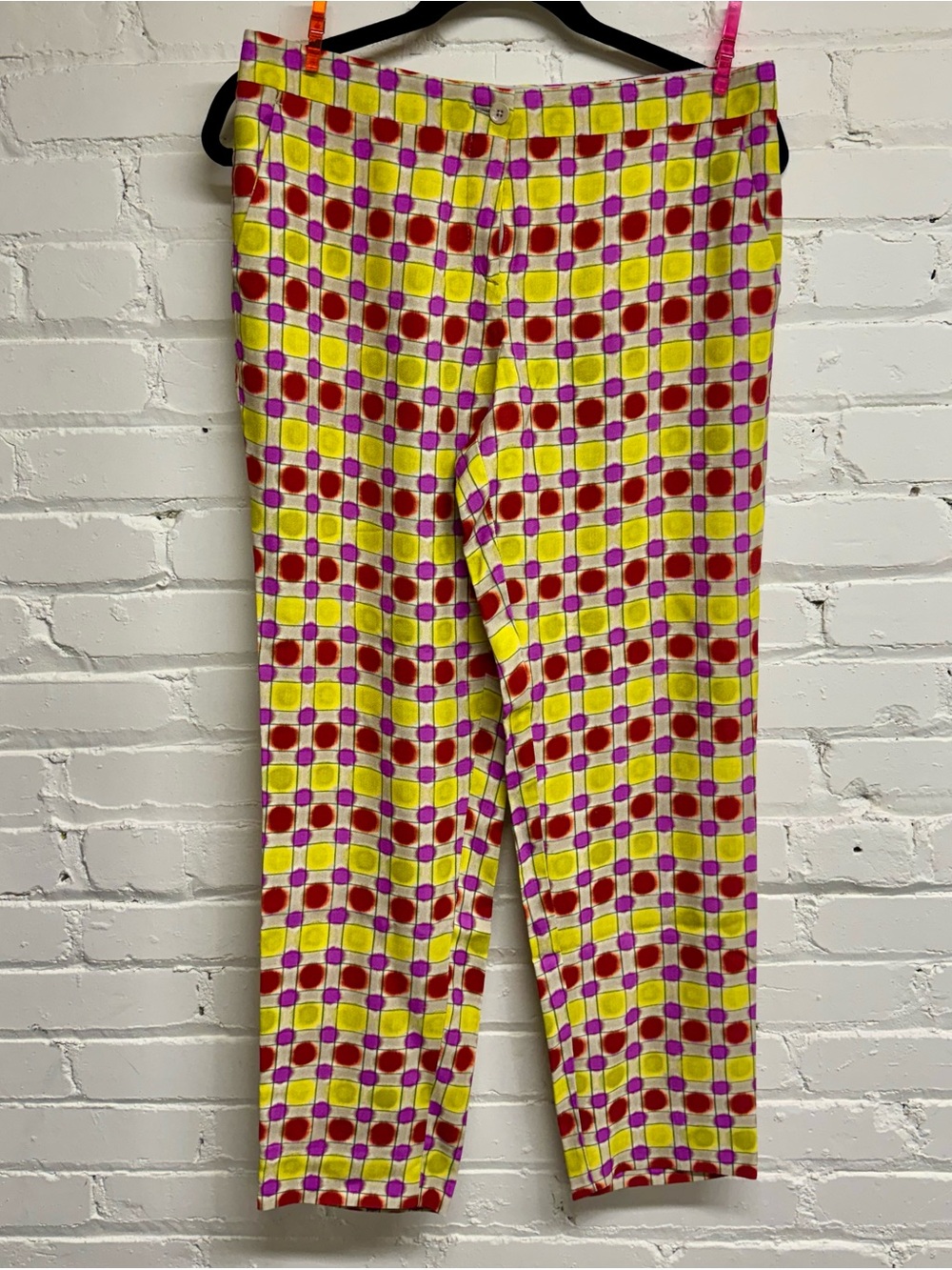 Etro Yellow Grid Pants with Red and Pink Dots